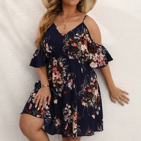Plus Floral Print Cold Shoulder Dress - Picture 1 of 7